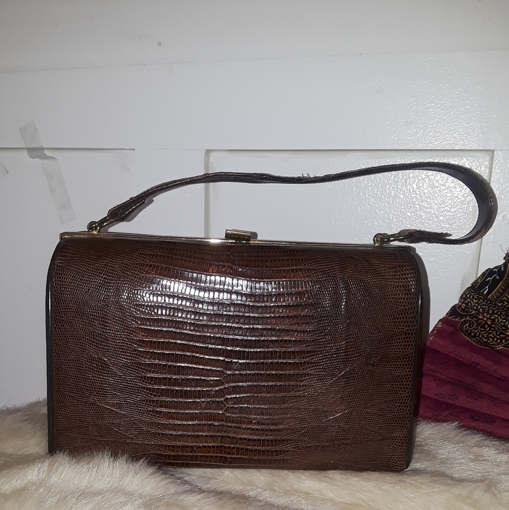 Vintage 50's Brown  Genuine Leather Lizard Purse Bag Handbag  Brass Hardware Med